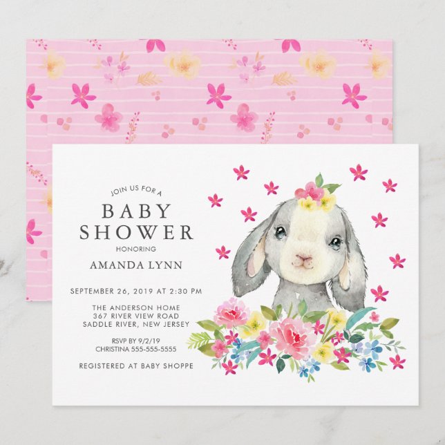 Invitation Doux Aquarelle Floral Bunny Baby Girl Douche (Devant / Derrière)