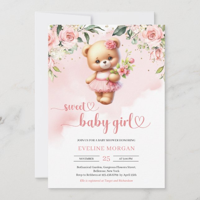 Invitation Doux bébé fille aquarelle teddy ours floral rousse (Devant)