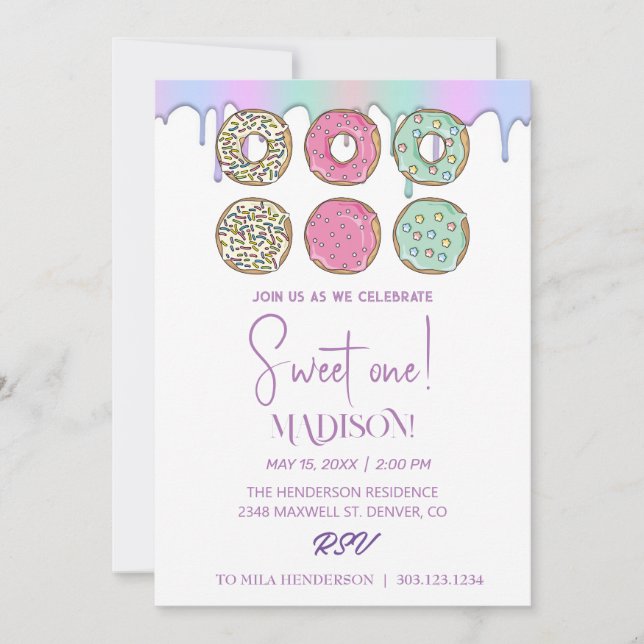 Invitation Doux beignets, couleurs arc-en-ciel, premier anniv (Devant)