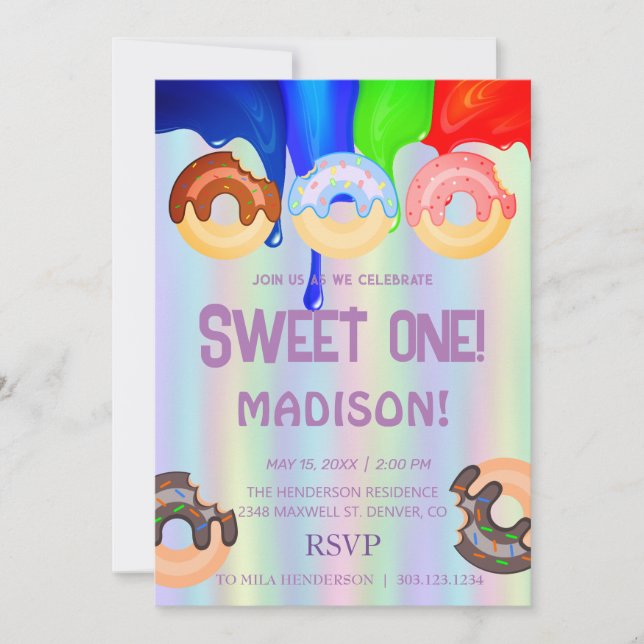 Invitation Doux beignets, couleurs arc-en-ciel, premier anniv (Devant)