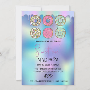 Invitation Doux beignets, couleurs arc-en-ciel, premier anniv