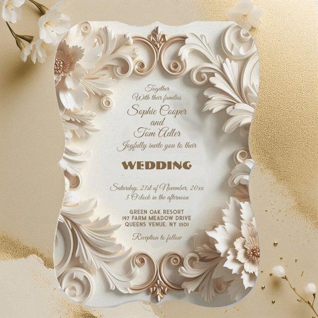 Invitation Doux Blanc Baroque Elégance Florale (Soft Golden White Baroque Elegance Floral Swirls Invitation)