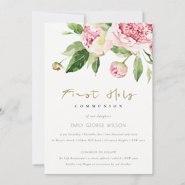 Invitation Doux Blush Floral Peony Première Communion Sainte (Devant)