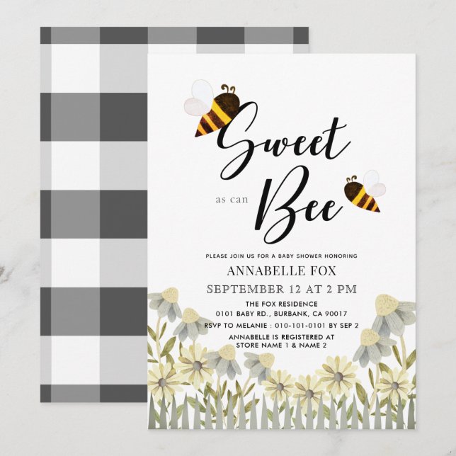 Invitation Doux comme peut Baby shower d'abeille (Devant / Derrière)