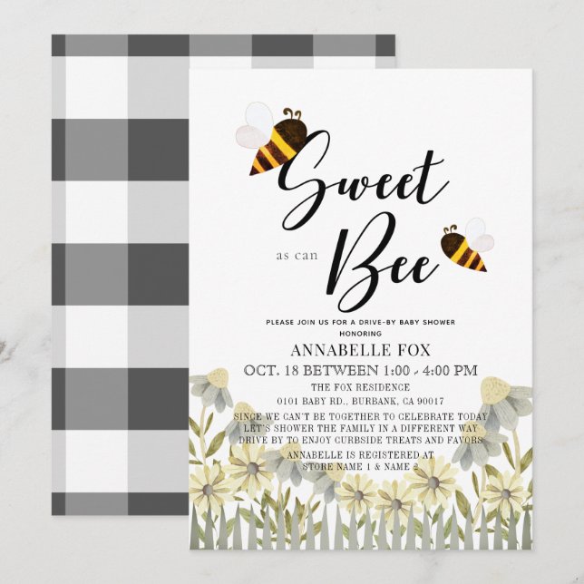 Invitation Doux comme peut Bee Drive-by Baby shower (Devant / Derrière)