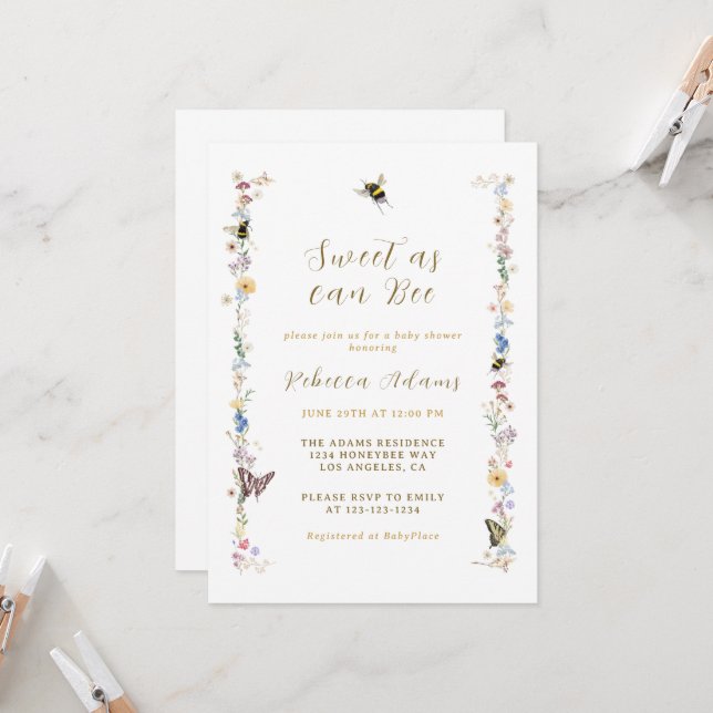 Invitation Doux comme peut être Baby shower Fleur sauvage (Devant/Arrière en situation)