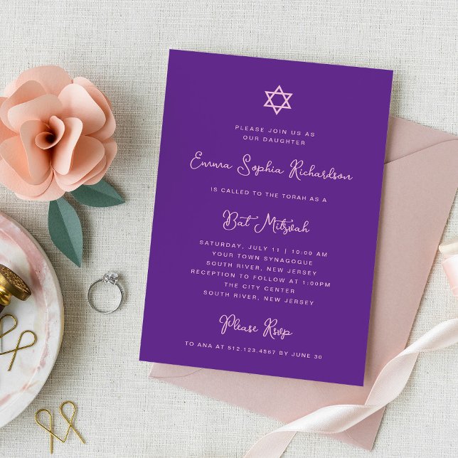 Invitation Doux et simple | Bat mitzvah violet et rose (Créateur téléchargé)