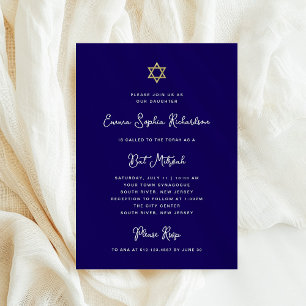Invitation Doux et simple   Bleu blanc et Bat mitzvah or