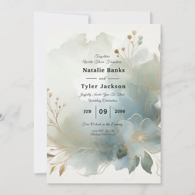 Invitation Doux Golden Dusty Blue Romance Mariage (Devant)