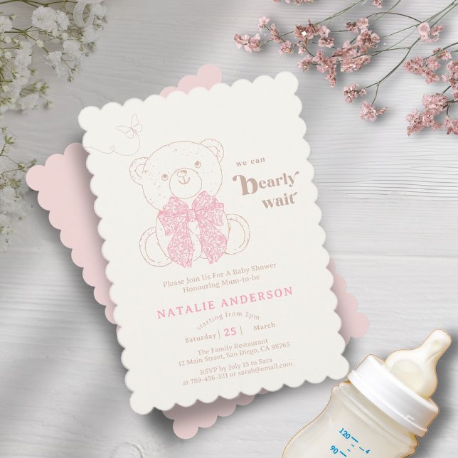 Invitation Doux Ours Rose Nous Pouvons Attendre Baby shower (Sweet Pink Bear We Can Bearly Wait Baby Shower Invitation)
