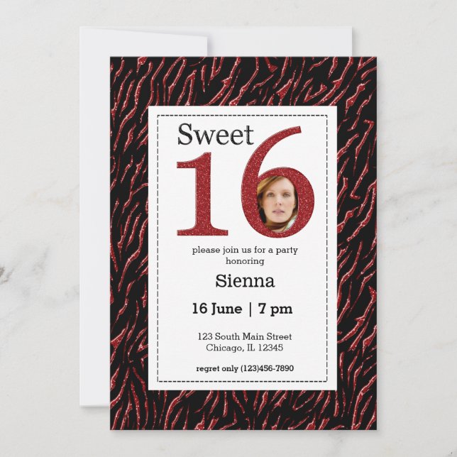 Invitation Doux parties scintillant rouge 16 avec une photo (Devant)