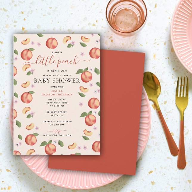 Invitation Doux Petite Pêche Sur Le Chemin Baby shower (Sweet Little Peach On The Way Baby Shower Invitation)