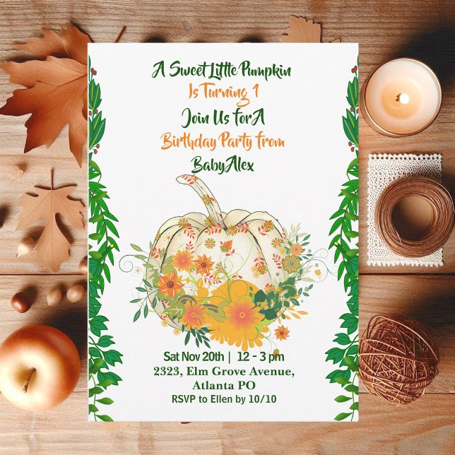 Invitation Doux Petite verdure Citrouille Automne Couleurs An (Sweet Little Pumpkin Greenery Fall Colors Birthday Invitation)