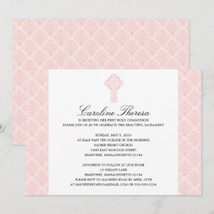 Invitation Doux rose Damask Croix celtique première communion