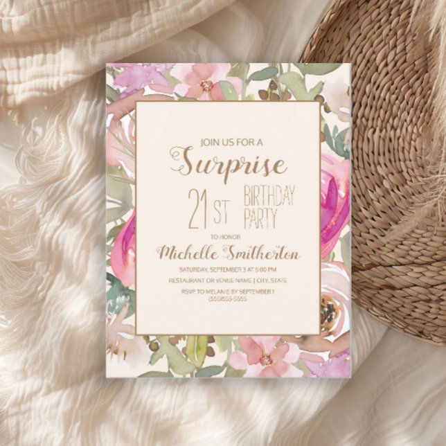 Invitation Doux rose violet Floral Surprise 21e anniversaire (Elegant pink watercolor floral and sage green leaves 21st birthday party invitation)
