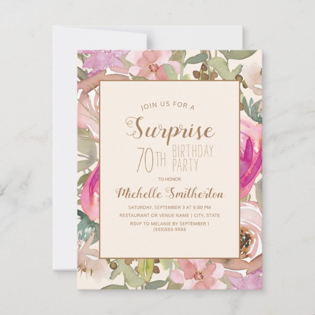 Invitation Doux rose violet Floral Surprise 70e anniversaire (Devant)