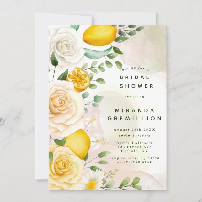Invitation Doux Roses et Fête des mariées citrons jaunes (Devant)