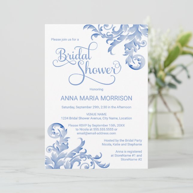 Invitation Doux Royal Blue Aquarelle Fête des mariées fleurie (Debout devant)