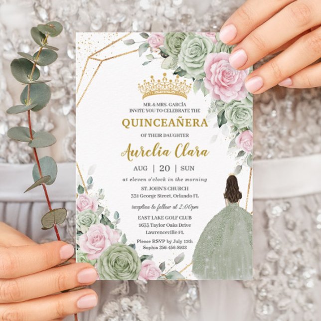 Invitation Doux Sage Vert rose Floral Or Quinceañera (Créateur téléchargé)