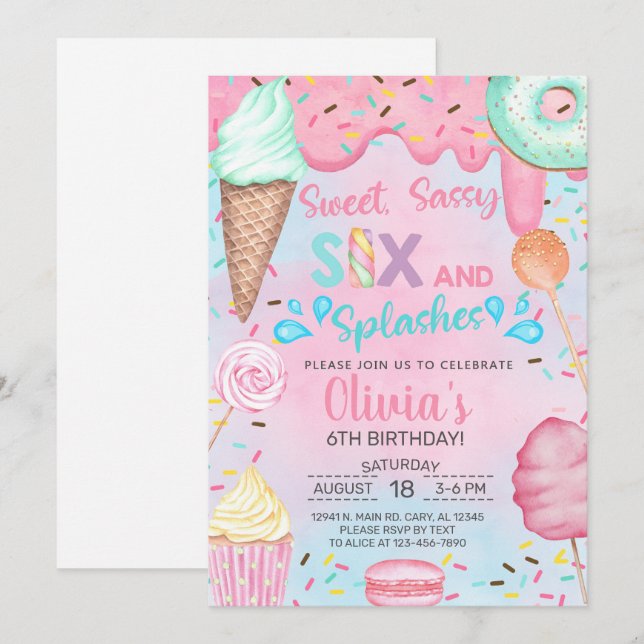 Invitation Doux sassy six et éclabousser l'anniversaire de pi (Devant / Derrière)