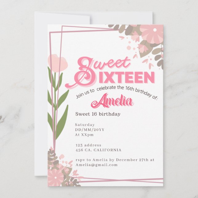 Invitation Doux vintage rose tulipe floral Sweet 16 Invitatio (Devant)