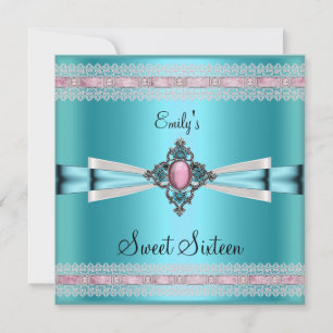 Invitation Douze Ans 16 Blanc Bleu Cyan Rose