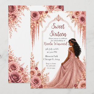 Invitation Douze ans dans un rose poudré et or floral