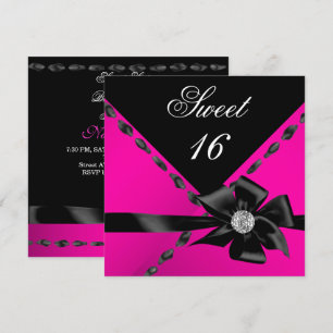Invitation Douze Ans Fête Anniversaire Noir Nœud Rose Chaude