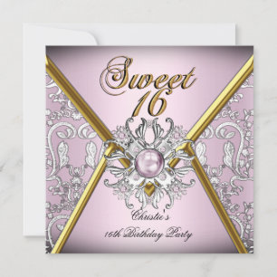 Invitation Douze ans rose or argent damas Sweet Sixteen 16