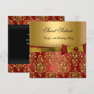Invitation Douze ans seize ans Rouge Noir Or Damassé Ruban