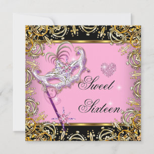 Invitation Douze Ans Sucrés Mascarade Rose Or Noir