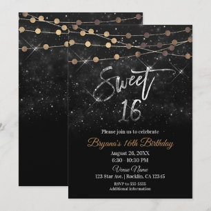 Invitation Douze Sweet 16 Seize Noir Argent Or Paillettes Lum