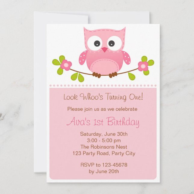 Invitation d'Owl - Fille 1er Anniversaire / Baby s (Devant)
