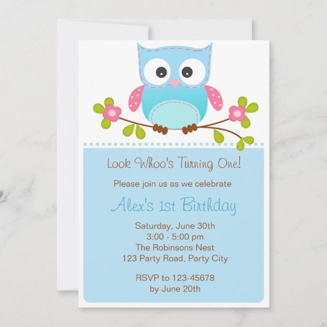 Invitation d'Owl - Garçon 1er Anniversaire / Baby  (Devant)