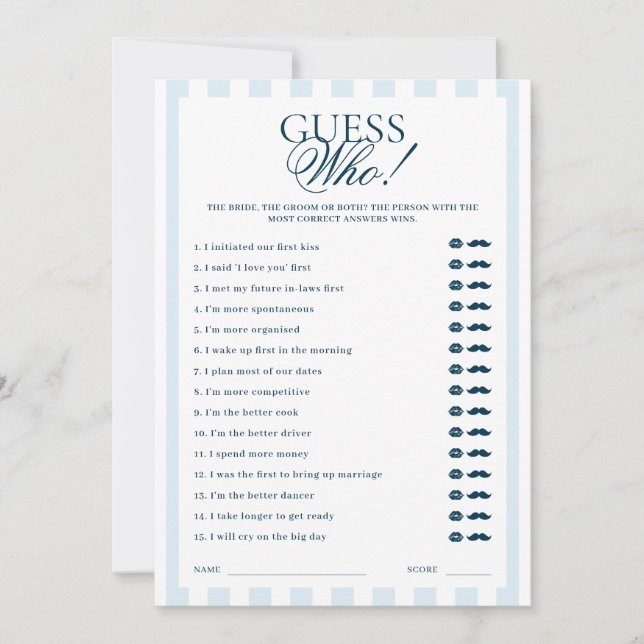 Invitation Downloadable Blue Striped Guess Who Card (Devant)