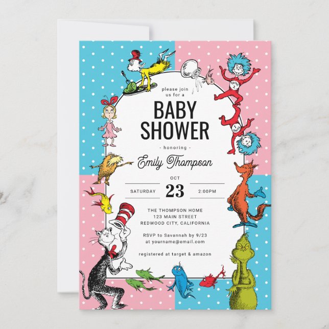 Invitation Dr. Seuss - Caractères de livres | Baby shower Pas (Devant)