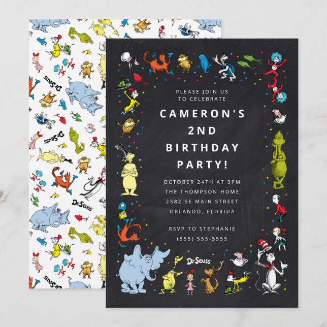 Invitation Dr. Seuss Character Confetti | ANNIVERSAIRE DE ENF (Devant / Derrière)