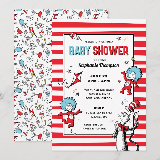 Invitation Dr. Seuss - Chat dans le Casquette | Baby shower (Devant / Derrière)