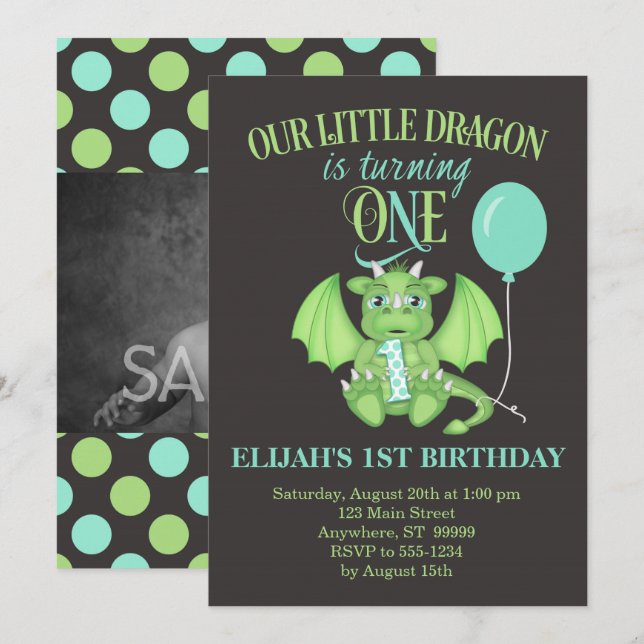 Invitation Dragon 1er Anniversaire avec photo en o (Devant / Derrière)