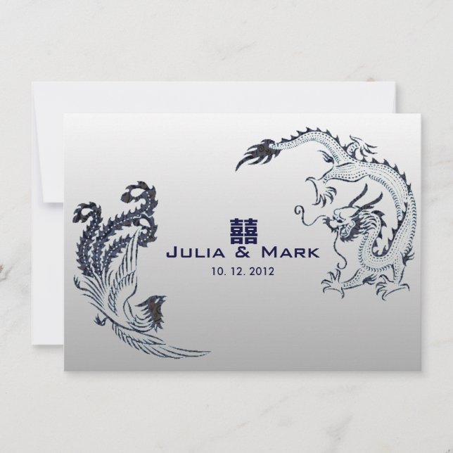 Invitation ©Dragon Argent Bleu-Phénix Mariage Chinois (Devant)