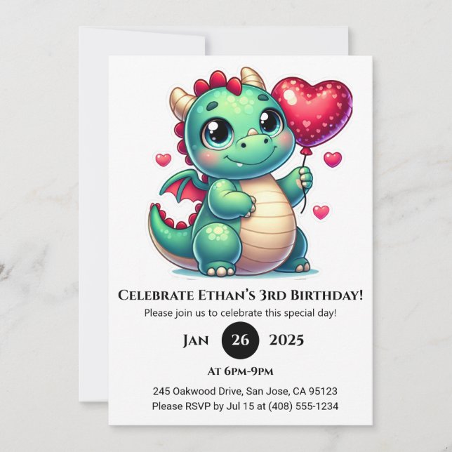 Invitation Dragon Bébé Vert avec Ballons Coeur Anniversaire (Devant)