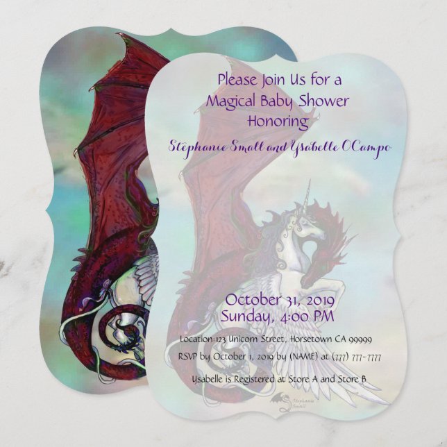 Invitation Dragon de rouge d'invitation de baby shower de (Devant / Derrière)