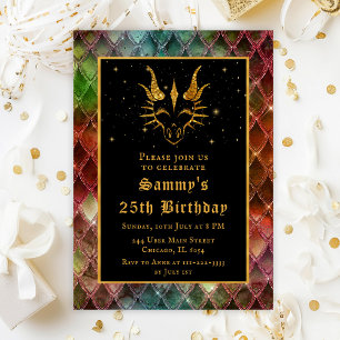 Invitation Dragon d'or avec échelles arc-en-ciel fête d'anniv