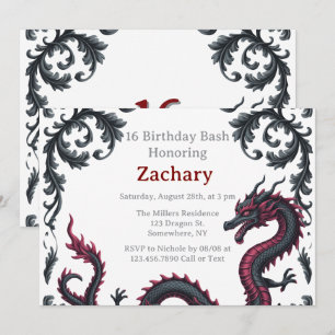 Invitation Dragon noir fantaisiste damassé pour fête des 16 a