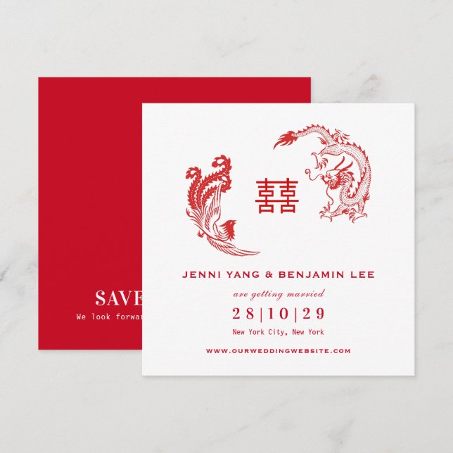 Invitation Dragon-Phoenix Mariage Chinois Enregistrer La Date (Devant / Derrière)