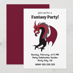 Invitation Dragon Rouge Noir Créature Mythique Fête Fantastiq