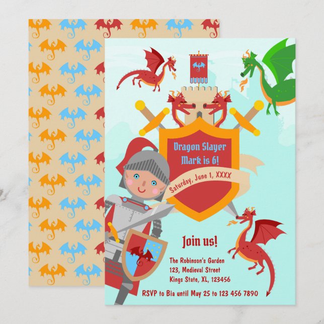 Invitation Dragon Slayer Knight Boy fête d'anniversaire (Devant / Derrière)