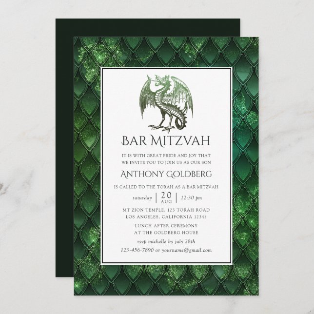 Invitation Dragon thème Bar Mitzvah (Devant / Derrière)