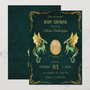 Invitation Dragon vert foncé avec baby shower d'oeuf d'or