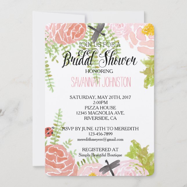 Invitation Dragonflies Rose Aquarelle Jardin douche nuptiale (Devant)